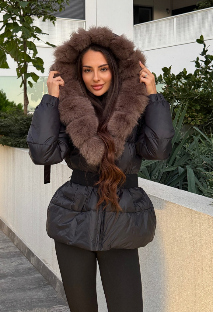 Jachetă Aurora Black Cu Blana Eco Premium