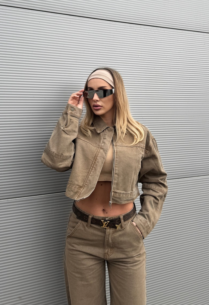 Jachetă Cropped Denim Beige